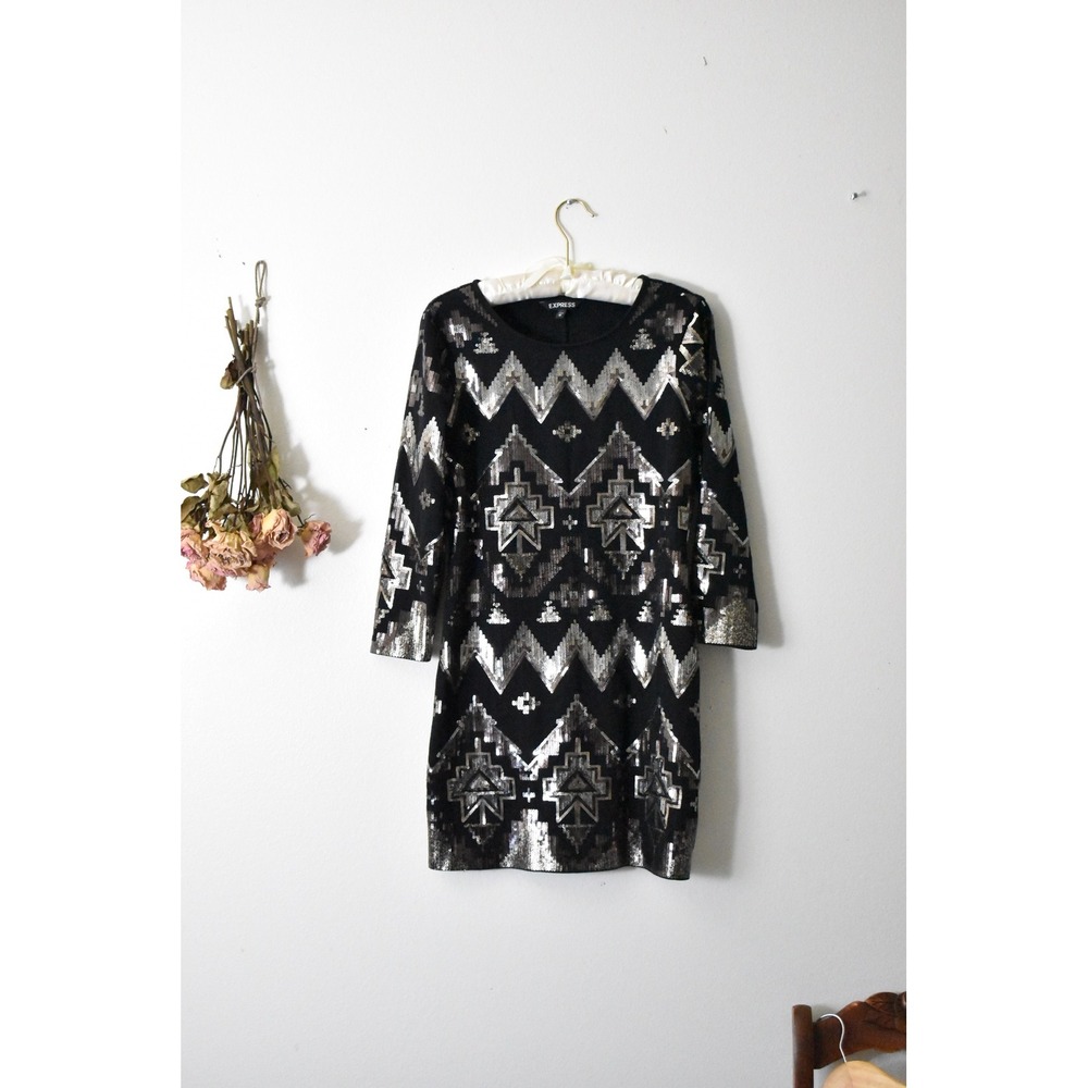Express Silver Sequin Geometric Chevron Mini Dress Black Long Sleeve Womens M